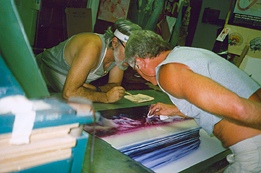 Creating a monotype, assisted by Julio at Topaz, 1987.