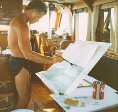 Painting a watercolor on board Hal and B.J.'s floating studio Mangrove Momma IV  -Anchored off Three Rooker Bar-  Summer 1986